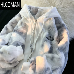 HLCOMAN高级感扎染假连帽毛绒棉服男女冬季软妹奶呼呼毛绒绒棉衣外套