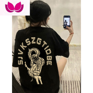 七斓欧美高街潮牌hiphop黑色短袖t恤女夏季小众设计感宽松上衣服