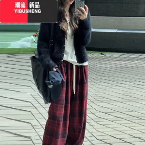 YIBUSHENG韩系慵懒风黑色V领针织开衫毛衣外套外搭修身短款长袖上衣女
