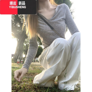 YIBUSHENG宽松慵懒白色休闲裤女新款小个子高腰直筒拖地长裤直筒阔腿裤