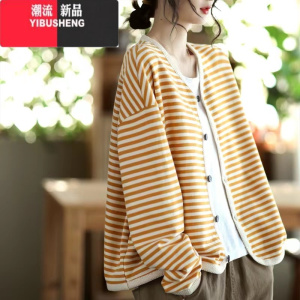 YIBUSHENG2022新款甜美减龄条纹织带包边单排扣女装长袖短外套开衫上衣