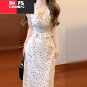 YIBUSHENG法式小飞袖波点v领连衣裙女季2024新款小个子气质收腰鱼尾长裙