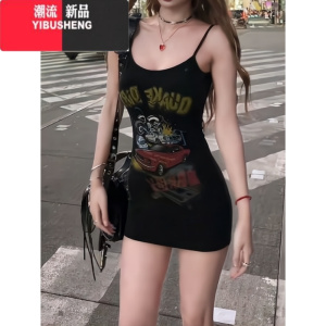 YIBUSHENG纯欲风辣妹短裙女季收腰显瘦设计感美式复古印花包臀吊带连衣裙