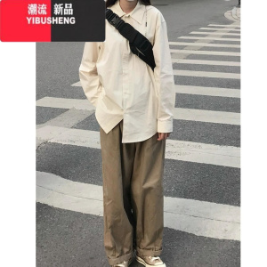 YIBUSHENG日系卡其色裤子季女2024新款港风复古休闲裤阔腿宽松直筒工装裤