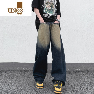YANXU做旧撞色复古牛仔裤男美式高街ins设计感潮牌宽松阔腿长裤子