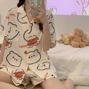 SHANCHAO夏季新款ins蕾丝花边睡衣女日系小熊网红短袖短裤可爱家居服套装