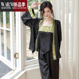 SHANCHAO轻奢新中式提花缎面中国风性感夏季真冰睡衣女款三件套装