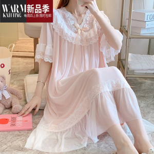 SHANCHAO超仙网纱睡衣女夏季短袖蕾丝公主风2022年新款高级感中长睡裙
