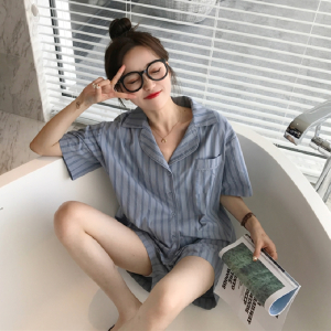 SHANCHAO韩国夏季ins简约条纹开衫舒适宽松短袖+短裤睡衣家居服套装女