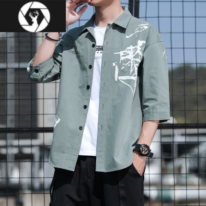 HongZun2023夏季薄款时尚宽松七分袖休闲外套男士衬衫韩版潮流工装上衣潮
