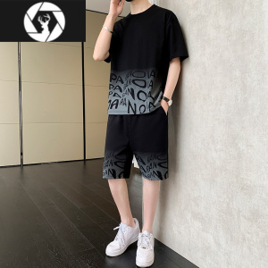 HongZun时尚短袖t恤男士夏季薄款一套搭配冰丝裤子五分短裤运动帅气套装