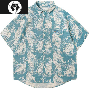 HongZun夏威夷花衬衫男海边沙滩休闲夏季情侣度假风短袖衬衣蓝