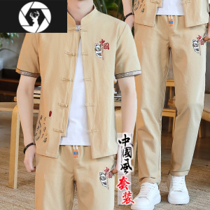 HongZun夏季棉麻套装男士亚麻短袖t恤2023新款中国风唐装男款休闲古汉服