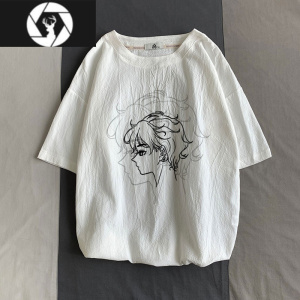 HongZun夏季亚麻短袖T恤男320g美式复古痞帅冰丝薄款五分袖体恤