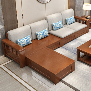 兰秀家居 实木沙发客厅中式现代简约小户型冬夏两用布艺沙发储物客厅整装家具组合