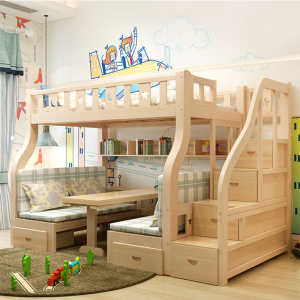 禧漫屋 实木双层床上下床子母床上下铺多功能组合床高低床上床下学习桌原木色儿童床