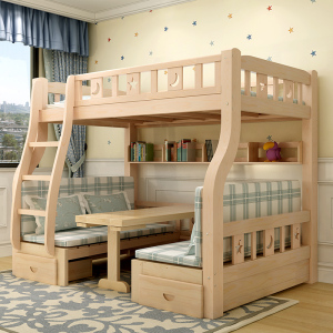 禧漫屋 实木双层床上下床子母床上下铺多功能组合床高低床上床下学习桌原木色儿童床