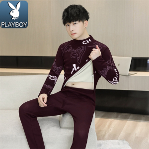 PLAYBOY/花花公子男士保暖内衣套装加绒加厚初中生中领修身冬季羊