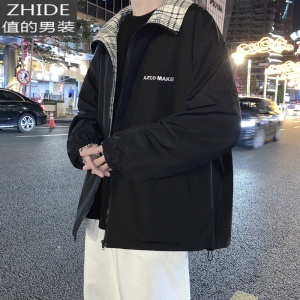 SUNTEK两面穿外套男2020春季新款立领夹克韩版帅气潮流时尚格子男装上衣夹克