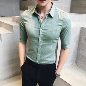 SUNTEK夏季短袖衬衫男韩版潮流帅气条纹七分袖衬衣高级感发型师潮牌男装衬衫