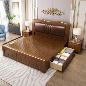 锐取实木床 中式1.8米实木软靠床双人床简约现代1.5米1.8米主卧室多功能高箱储物床 婚床