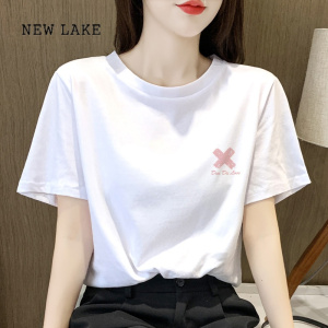 NEW LAKE情侣装白色仿棉质感短袖t恤女夏季2024新款日系遮肉百搭上衣