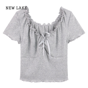 NEW LAKE显瘦V领花边芭蕾风短袖t恤女2024新款夏季抽绳半袖衬衫甜辣小上衣