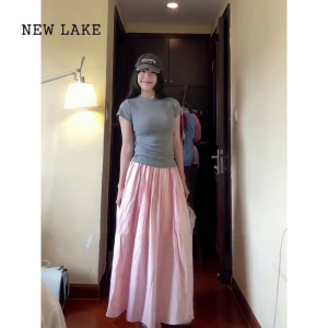 NEW LAKE美式甜辣妹粉色正肩短袖t恤女夏季修身显瘦紧身收腰弹力短款上衣