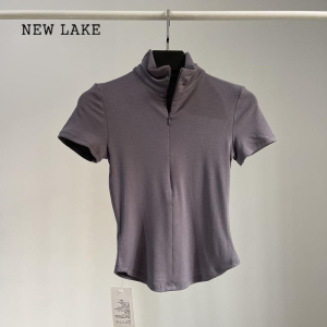 NEW LAKE设计感小众美式复古正肩V领短袖T恤女夏ins潮辣妹短款修身上衣服