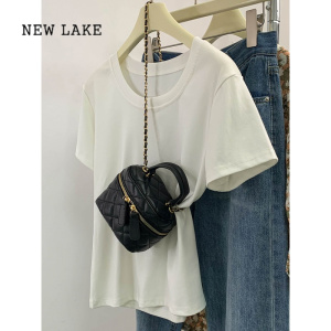 NEW LAKE夏季辣妹设计感小众短款法式小众上衣女美式复古基础短袖正肩t恤