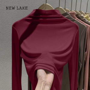 NEW LAKE2024春秋新款莫代尔长袖t恤女修身显瘦洋气打底衫半高领韩版上衣