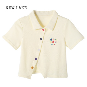 NEW LAKE/Polo领短袖T恤女2024夏季新款小众拉链短款系带正肩上衣