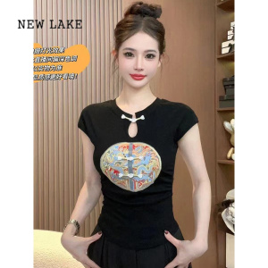 NEW LAKE新中式国风盘扣刺绣镂空短袖T恤女夏季新款修身显瘦打底衫上衣潮