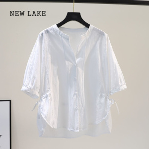 NEW LAKE女士短袖衬衫2024夏装新款女装大码胖mm遮肚子藏肉显瘦雪纺衫气质