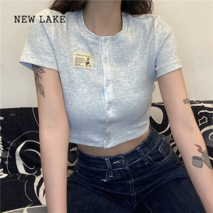 NEW LAKE夏季新款高腰短款修身BM上衣女棉质灰色单排扣贴布T恤短袖