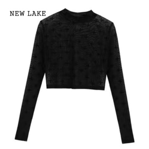 NEW LAKE胖mm2-300斤短袖T恤女网纱打底衫中长款黑色防晒两件套上衣ins潮