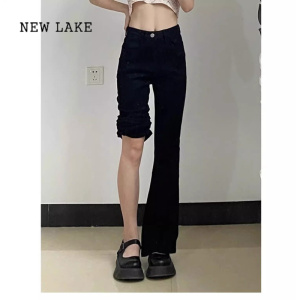 NEW LAKE黑色微喇叭牛仔裤女春秋2024新款高腰显瘦喇叭马蹄裤加长版潮