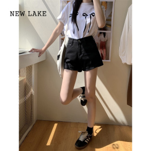 NEW LAKE设计感卷边黑色牛仔裤女装夏季高腰直筒裤小众阔腿裤短裤