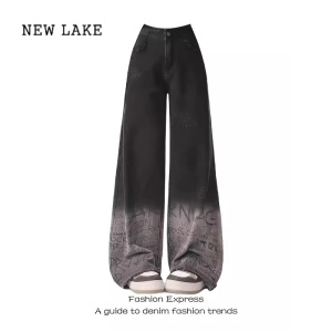 NEW LAKE美式复古黑色渐变刺绣牛仔裤子女2024新款高腰直筒阔腿拖地裤