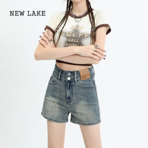 NEW LAKE牛仔短裤女2024年新款夏季高腰小个子显瘦a字复古百搭阔腿热裤子