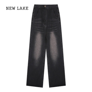 NEW LAKE美式复古做旧阔腿牛仔裤女春季高腰宽松拖地裤黑灰色直筒裤长裤子