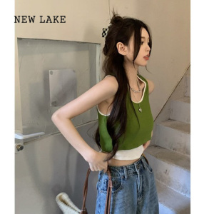 NEW LAKE假两件运动绿色小吊带背心女夏季打底设计感内搭短款辣妹无袖上衣