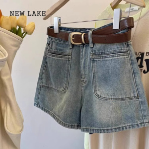 NEW LAKE蓝色水洗复古牛仔短裤女夏季2024年新款小个子高腰辣妹显瘦热裤子