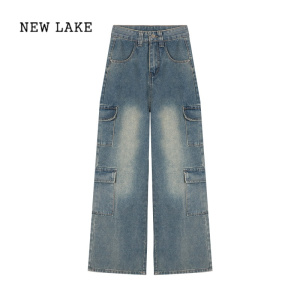 NEW LAKE美式复古工装裤牛仔裤女春季高腰直筒阔腿裤宽松长裤子潮