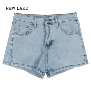 NEW LAKE辣妹高腰复古牛仔短裤女装夏季浅蓝色热裤开叉小个子直筒紧身裤子