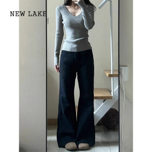 NEW LAKE黑色微喇叭牛仔裤女春季新款梨形身材宽松遮肉显瘦大阔腿直筒裤子