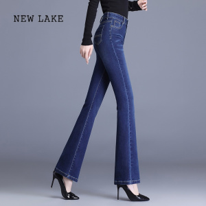 NEW LAKE春季新款高腰微喇牛仔裤女修身弹力显瘦大码胖mm中年妈妈喇叭裤子