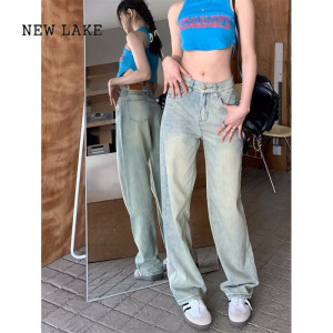 NEW LAKE时髦复古做旧贴布牛仔裤女春季2024新款韩版百搭高腰宽松阔腿长裤