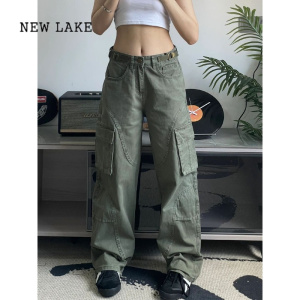 NEW LAKE美式街头vibe黑色工装牛仔裤女春秋款复古高腰宽松休闲直筒裤子潮