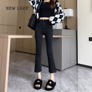 NEW LAKE微喇牛仔裤女2024新款夏季薄款黑色八分小个子高腰开叉九分喇叭裤